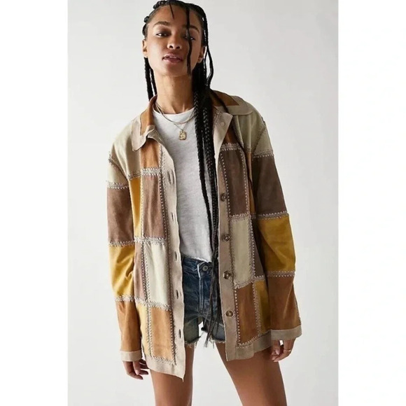 New Free People Suede Chore Patchwork Leather Jacket Edie Crochet Brown Tan - Picture 17 of 17